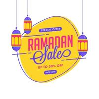 Ramadã venda poster Projeto decorado com suspensão lanternas. vetor