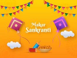 Makar Sankranti texto com pipas, corda carretéis, indiano doce e estamenha bandeiras em laranja fundo. vetor
