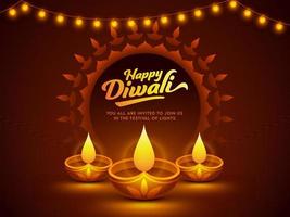 feliz diwali celebração poster Projeto com iluminado óleo lâmpadas e iluminação guirlandas em Castanho fundo. vetor