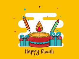 vetor ilustração do iluminado óleo luminária com fogo de artifício foguetes e presente caixas em amarelo fundo para feliz diwali celebração.
