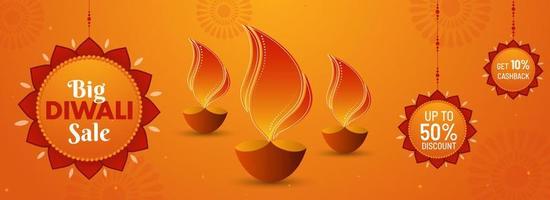 diwali grande venda cabeçalho ou bandeira Projeto com melhor desconto oferta e aceso óleo lâmpadas em laranja fundo. vetor