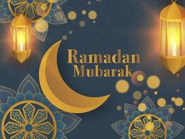 islâmico piedosos mês do Ramadã Mubarak conceito com dourado crescente lua e iluminado lanternas, requintado floral padronizar em cinzento fundo. vetor