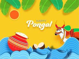 decorativo indiano boi personagem com Pongali arroz lama Panela, coco, Sol Deus, papel ondas e folhas em amarelo fundo para feliz pongal. vetor