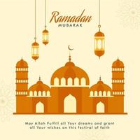 islâmico piedosos mês do ramdan Mubarak ilustração com requintado mesquita, árabe lanternas em bege fundo. vetor