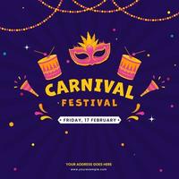 carnaval festival poster Projeto com festa mascarar, bateria, vuvuzela decorado em Sombrio tolet raios fundo. vetor