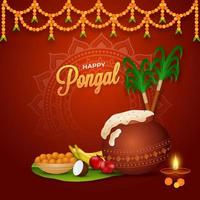 feliz pongal conceito com tradicional prato dentro lama Panela, fruta, doce tigela cana de açúcar e floral festão em vermelho fundo. vetor