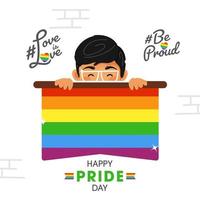 feliz orgulho dia vetor ilustração com jovem Garoto mostrando arco Iris cor bandeira, estar orgulhoso, amor é amor conceito.