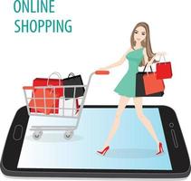 mulher compras on-line, empurrar compras carrinho e segurando compras bolsas, caminhando em Smartphone vetor em branco fundo.