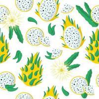 vetor desenho padrão sem emenda com dragonfruit ou amarelo pitaya frutas exóticas, flores e folhas em fundo branco