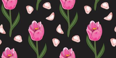 desatado padronizar com Rosa tulipas e pétalas em Preto fundo. natural, Primavera botânico imprimir. vetor
