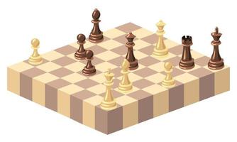 xadrez isométrico Visão do peças em uma de madeira tabuleiro de xadrez é uma estratégico Esportes jogo. vetor ilustração. xadrez desenho animado, xadrez borda. branco e Preto de madeira xadrez. xadrez borda e luz e Sombrio