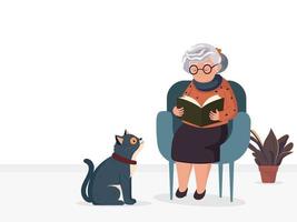 idosos mulher personagem lendo uma livro em poltrona com fofa gato, plantar vaso em branco fundo e cópia de espaço. vetor