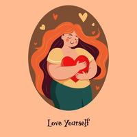 vetor ilustração do jovem menina personagem abraçando uma vermelho coração em laranja e Castanho fundo para amor você mesmo.