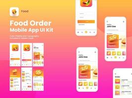 conectados Comida ordem Móvel aplicativo ui kit Incluindo Conecte-se, registro, Comida cardápio, Forma de pagamento e ordem confirmação telas. vetor