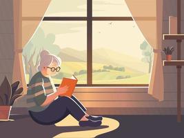 idosos mulher personagem lendo uma livro com plantar vaso em montanha panorama Visão através janela e cortina. vetor