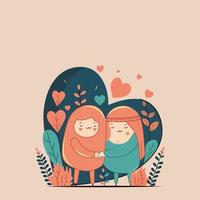 personagem do árabe casal abraçando junto, coração formas, folhas em pastel pêssego fundo e cópia de espaço. vetor