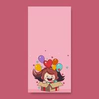 animado fofa menina com balões, corações chegando Fora a partir de dentro surpresa caixa em Rosa fundo e cópia de espaço. vetor