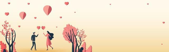 desenho animado ilustração do jovem casal segurando coração balões e natureza Visão em pastel laranja fundo. dia dos namorados dia conceito. vetor
