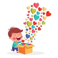 alegre pequeno Garoto personagem com colorida corações chegando Fora do caixa. amor ou dia dos namorados dia conceito. vetor