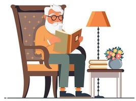 idosos barba homem lendo uma livro às cadeira perto flor plantar Panela em Banqueta e chão luminária contra branco fundo. vetor