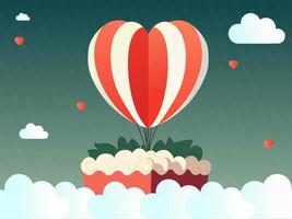 ilustração do coração forma quente ar balões, nuvens em verde e branco backgorund e cópia de espaço. amor ou dia dos namorados dia conceito. vetor