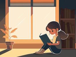 jovem menina personagem lendo uma livro com plantar vaso, estantes de livros em janela fundo. vetor