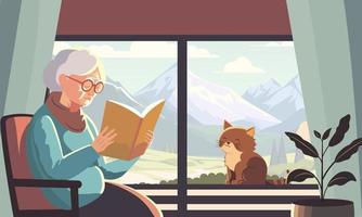 idosos mulher personagem lendo uma livro em cadeira com plantar vaso e adorável gato em montanha panorama através janela fundo. vetor
