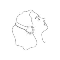 mulher ouvindo música com fones de ouvido. 1 linha arte. mão desenhado vetor ilustração.