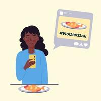 a afro-americano mulher leva fotos do Comida e Postagens eles conectados com a hashtag não dieta dia vetor