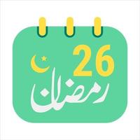 Dia 26 Ramadã ícones elegante verde calendário com dourado crescente lua. Inglês texto. e árabe caligrafia. vetor