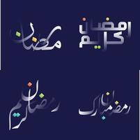 lustroso branco Ramadã kareem caligrafia com Diversão e colorida Projeto elementos vetor