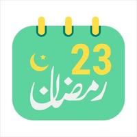 23º Ramadã ícones elegante verde calendário com dourado crescente lua. Inglês texto. e árabe caligrafia. vetor