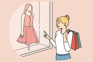 feliz mulher com bolsas compras dentro butiques para Novo roupas. sorridente menina comprando moda vestuário dentro lojas Veja dentro vitrines. vetor ilustração.