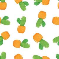 desatado padronizar com desenho animado em vaso planta de casa - fofa verde cacto com espigões dentro laranja Panela em branco fundo. vetor