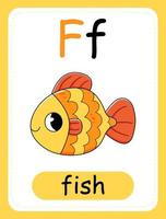 alfabeto cartão para crianças com a carta f e peixinho. educacional cartão para crianças. a palavra peixe, a Inglês alfabeto. vetor