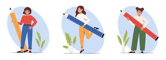 vários pessoas com uma gigante lápis. fofa aluna menina em pé com uma ampla lápis. o negócio mulher detém grande lápis. redação e blogging conceito. vetor estoque ilustração.