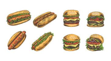 hambúrgueres e quente cachorros definir. mão desenhado esboço do diferente hambúrgueres com bacon, queijo, salada, tomates, pepinos e quente cães. velozes Comida retro vetor ilustrações coleção