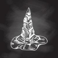 vintage ilustração para dia das Bruxas. uma desenhado à mão branco esboço do uma de bruxa aguçado chapéu isolado em quadro-negro fundo. desenhando definir. vetor ilustração.