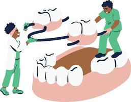 dental Cuidado conceito. ortodôntico tratamento e tratamento. dentista examinando humano dentes, ortodontista examinando estomatologia dental saúde. desenho animado plano vetor ilustração