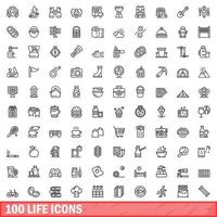 100 vida ícones definir, esboço estilo vetor