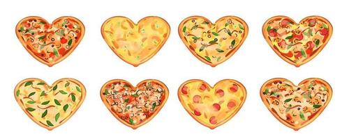 conjunto de oito pizzas de coração com diferentes ingredientes isolados no fundo branco. possível presente para o dia dos namorados. folhas de manjericão estão por aí