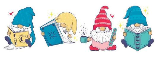 clipart coleção com fofa desenho animado gnomos com livros. vetor