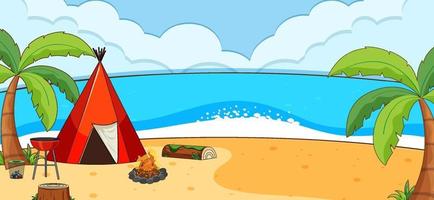 cena ao ar livre na praia com uma barraca de acampamento ao longo da praia vetor