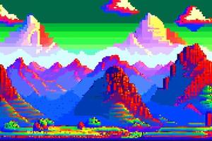 panorama 8 bits pixel arte. verão natural panorama montanha cenário videogames vídeo jogos fundo vetor