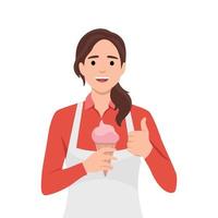 sorridente menina vendedor esticam mão com sorvete a partir de rua fornecedor. feliz mulher dar congeladas sobremesa. comércio e pequeno o negócio vetor