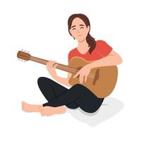 músico jogando guitarra. feliz jovem mulher guitarrista com musical acústico instrumento. moderno criativo relaxado música jogador. talentoso pessoa vetor