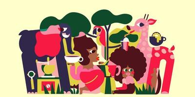 delicioso africano café. africano mulheres, animais do a savana, quente cores do a ilustração mentalmente levar nos para a Lugar, colocar do origem do a lendário variedades do arábica. embalagem Projeto. vetor