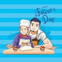 do pai dia. a filha dentro a hijab sorrisos com dela pai dentro a cozinha vetor ilustração livre baixar