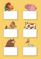 desenho animado Fazenda animais com cartões ou faixas Projeto conjunto vetor