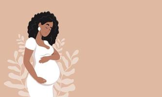 lindo grávida Preto mulher abraços dela barriga. a conceito do gravidez e maternidade. saudável gravidez. saudável gravidez bandeira. vetor